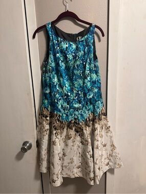 Julian Taylor Blue Floral Fit-and-Flare Dress with Cream Floral Skirt
